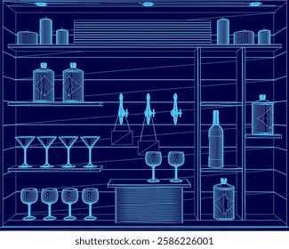 A blue drawing of a bar with shelves full of liquor and glasses. Scene is lively and inviting, with the glasses and bottles arranged in an appealing way