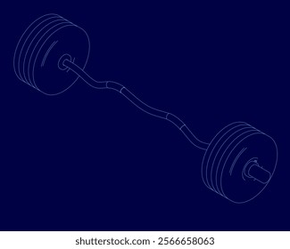 Blue drawing of a barbell with a handle. The barbell is shown in a cross section, with the handle and the weight visible. Concept of strength and fitness