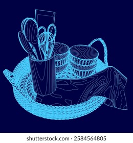 A blue drawing of a basket of kitchen utensils and a cup. The utensils include spoons, a knife, and a pair of scissors. The cup is placed in the center of the basket