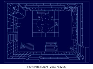 Blue drawing of a bathroom with a sink, toilet, and bathtub. The room is shown in a 3D perspective, with a kitchen area visible in the background. The bathroom is designed to be modern