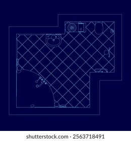 Blue drawing of a bathroom with a toilet and sink. The drawing is in blue and is very detailed