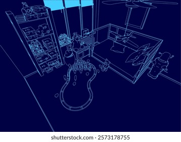 Blue drawing of a bedroom with a pool in the middle. The room is empty and the pool is small