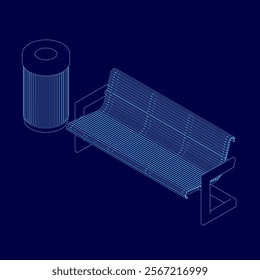 Blue drawing of a bench and trash can. The bench is made of wood and is placed next to a trash can. Concept of simplicity and functionality, with the bench