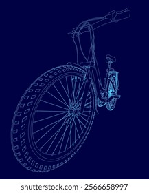 Blue drawing of a bicycle. The bike is shown in a very detailed and stylized way, with the tires and spokes clearly visible. Concept of motion and energy