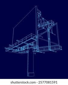 Blue drawing of a billboard with a blue background. The billboard is a large structure with a lot of detail, including the structure of the billboard itself and the surrounding area