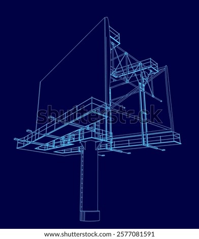 Blue drawing of a billboard with a blue background. The billboard is a large structure with a lot of detail, including the structure of the billboard itself and the surrounding area