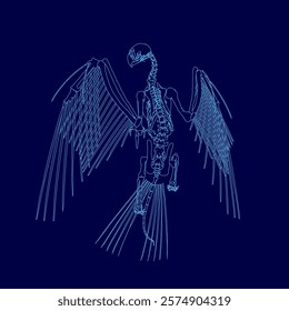 Blue drawing of a bird skeleton. The skeleton is shown in a very detailed and realistic manner, with each bone clearly visible