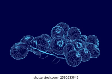 Blue drawing of blueberries. The blueberries are clustered together and the drawing is very detailed