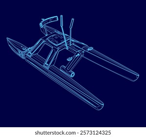 Blue drawing of a boat with a blue background. The boat is shown in a very stylized way, with a lot of detail and emphasis on the design. Scene is one of creativity and imagination