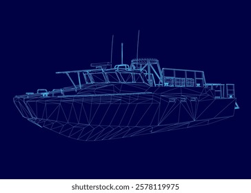 Blue drawing of a boat with a blue background. The boat is shown in a stylized way, with a lot of detail and a sense of depth