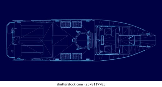 Blue drawing of a boat with a blue background. The boat is shown in a very detailed manner, with the inside of the boat and the deck clearly visible. The boat appears to be a large yacht