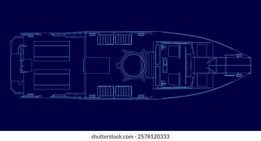 Blue drawing of a boat with a blue background. The boat is shown in a very detailed and precise manner, with every part of it clearly visible. Scene is one of precision and accuracy