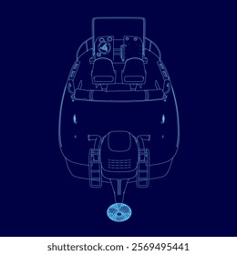 Blue drawing of a boat with a motor and a steering wheel. The boat is shown from the side and the motor is shown in the lower right corner