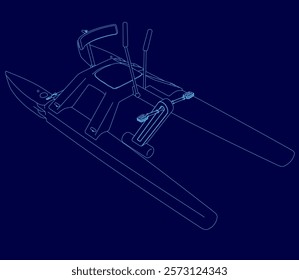 Blue drawing of a boat with a person sitting in it. The boat is designed to be used on water