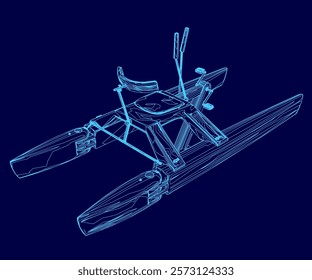 Blue drawing of a boat with a seat and a steering wheel. The boat is on water and he is a small, inflatable one