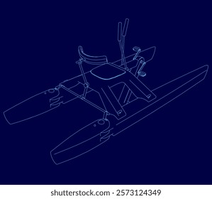 Blue drawing of a boat with a seat and a steering wheel. The boat is designed to be used on water