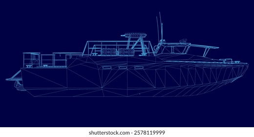 Blue drawing of a boat with a tip. The boat is shown in a very detailed way, with many lines and curves. Scene is one of precision and accuracy, as if the boat is being designed or modeled