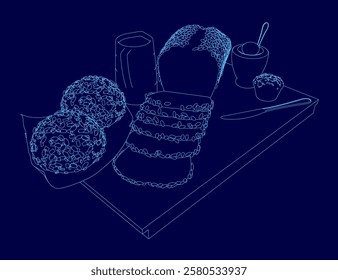 Blue drawing of bread and other food items on a cutting board. The bread is sliced and arranged in a way that makes it look appetizing. The other food items include a cup, a spoon