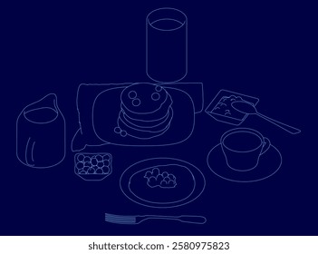 A blue drawing of a breakfast table with a plate of pancakes, a cup of coffee, and a fork