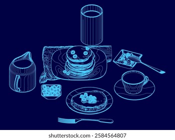 A blue drawing of a breakfast table with a plate of pancakes, a cup of coffee, and a fork and knife