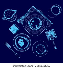 A blue drawing of a breakfast table with a variety of food and drink items. Scene is cheerful and inviting, as it showcases a delicious meal that is ready to be enjoyed