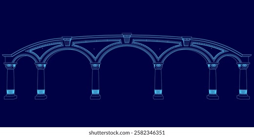 A blue drawing of a bridge with arches. The bridge is very long and has a very clean and modern look