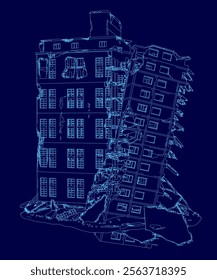 Blue drawing of a building with a collapsed section. The drawing is in blue and has a moody, dramatic feel to it