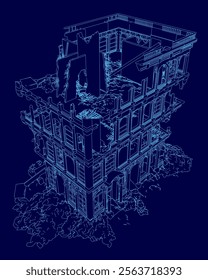 Blue drawing of a building with a lot of detail. The building appears to be in ruins, with a lot of debris and rubble. The blue color scheme gives the drawing a sense of depth