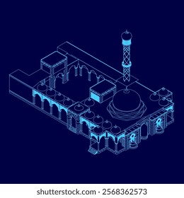 Blue drawing of a building with a dome on top. The building is a mosque. The drawing isometric view