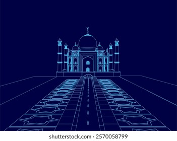 Blue drawing of a building with a dome on top. The building is a palace and the drawing