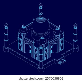 Blue drawing of a building with a dome on top. The building is a palace and has a lot of detail