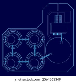 Blue drawing of a building with four tanks and a large tank in the middle. The tanks are connected by pipes