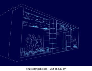 Blue drawing of a building with a group of people inside. The people are standing in front of a wall with a sign on it