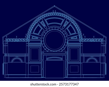 Blue drawing of a building with a large round window. The drawing is in blue and is very detailed