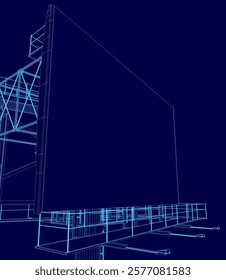 Blue drawing of a building with a large screen on the side. The building is tall and has a modern design. The screen is large and rectangular, and it is not clear what it is for