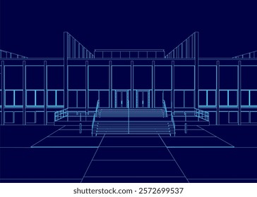 Blue drawing of a building with a large staircase leading up to the entrance. The building appears to be a large, modern structure with a lot of windows. Scene is one of elegance