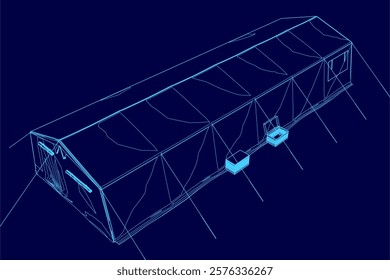Blue drawing of a building with a large tent on top. The tent is open and the building is empty