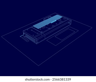 Blue drawing of a building with a blue roof. The building is shown in a 3D format