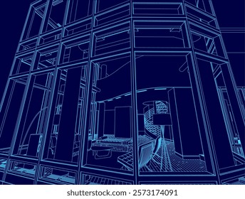 Blue drawing of a building with a spiral staircase. The staircase is in the middle of the room and is surrounded by furniture