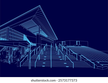 Blue drawing of a building with stairs and a ramp. The building is a large, modern structure with a lot of windows. Scene is one of sophistication and elegance, with the blue