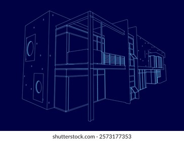 Blue drawing of a building with a window and a door. The drawing is in black and white and has a modern look to it