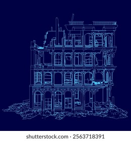 Blue drawing of a building with a lot of windows. The building appears to be in ruins, with a lot of damage and destruction. Scene is one of sadness and loss