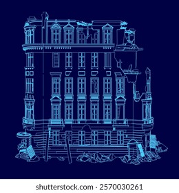 Blue drawing of a building with a lot of windows. The building appears to be in ruins, with a lot of debris and rubble around it. Scene is one of destruction and decay