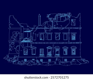 Blue drawing of a building with a lot of windows. The building appears to be in ruins, with a lot of damage