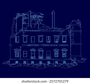 Blue drawing of a building with a lot of windows. The building appears to be in ruins, with a lot of damage