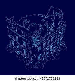 Blue drawing of a building with a lot of windows. The building appears to be in ruins, with a lot of damage and destruction.