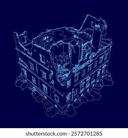 Blue drawing of a building with a lot of windows and a chimney. The building appears to be in ruins