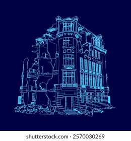 Blue drawing of a building with a lot of windows. The building is in ruins and has a lot of damage