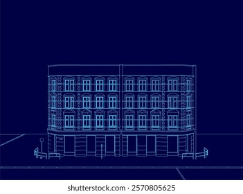 Blue drawing of a building with a lot of windows. The building is tall and has a lot of windows