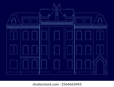 Blue drawing of a building with a lot of windows. The building is very tall and has a lot of detail